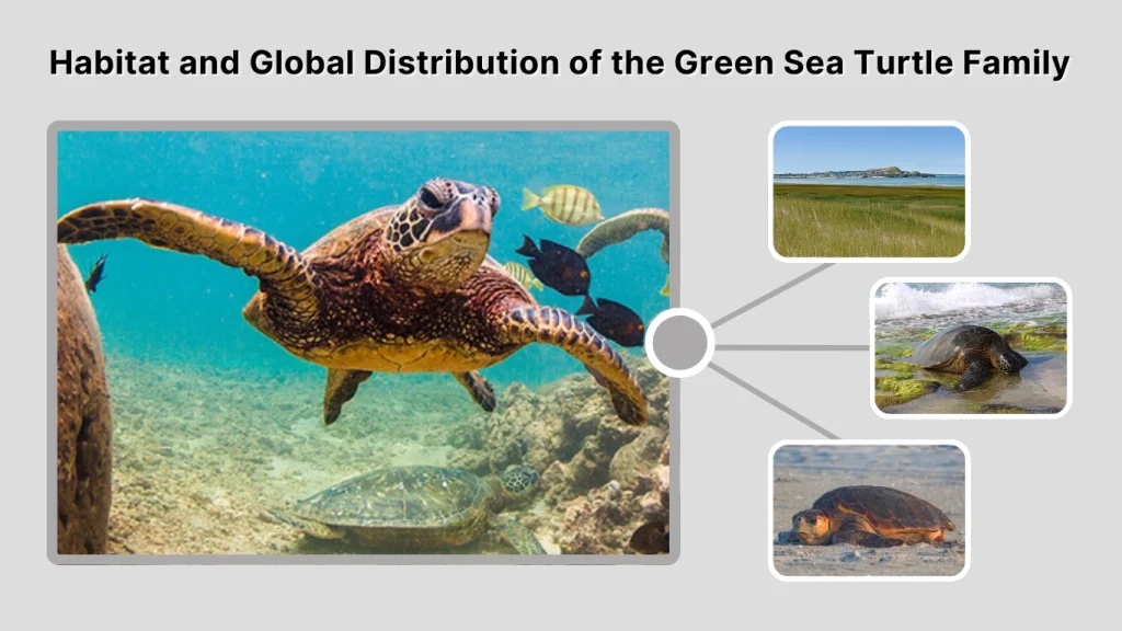 Habitat and Global Distribution of the Green Sea Turtle Family