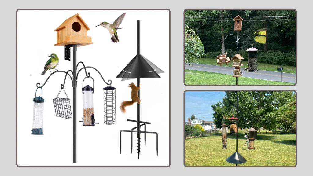Garden Bird House Pole 92″ with 5-Prong Base & Hooks