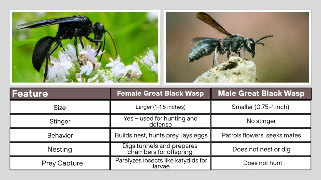 Male vs Female Great Black Wasp Comparison