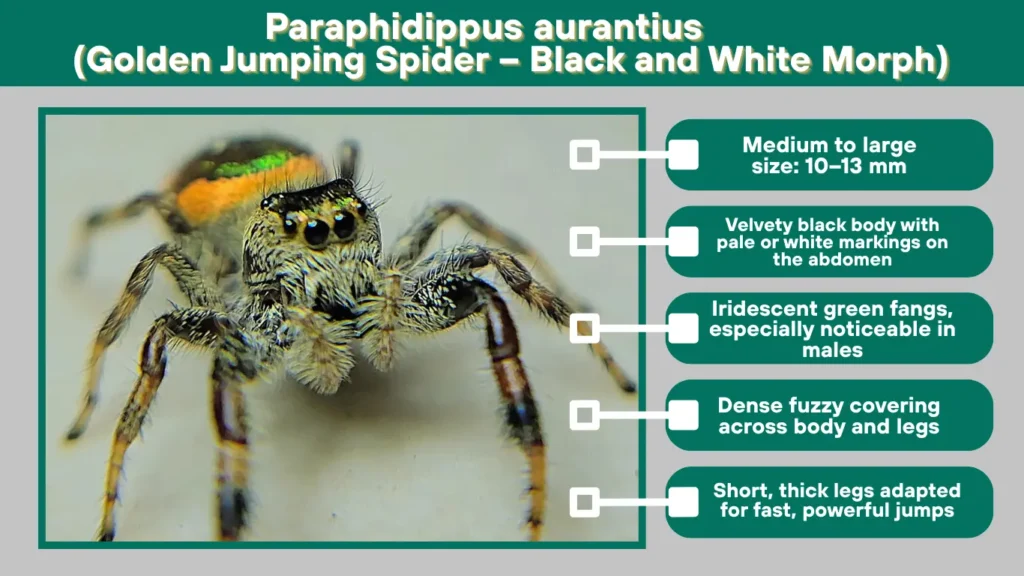 Paraphidippus aurantius (Golden Jumping Spider – Black and White Morph)